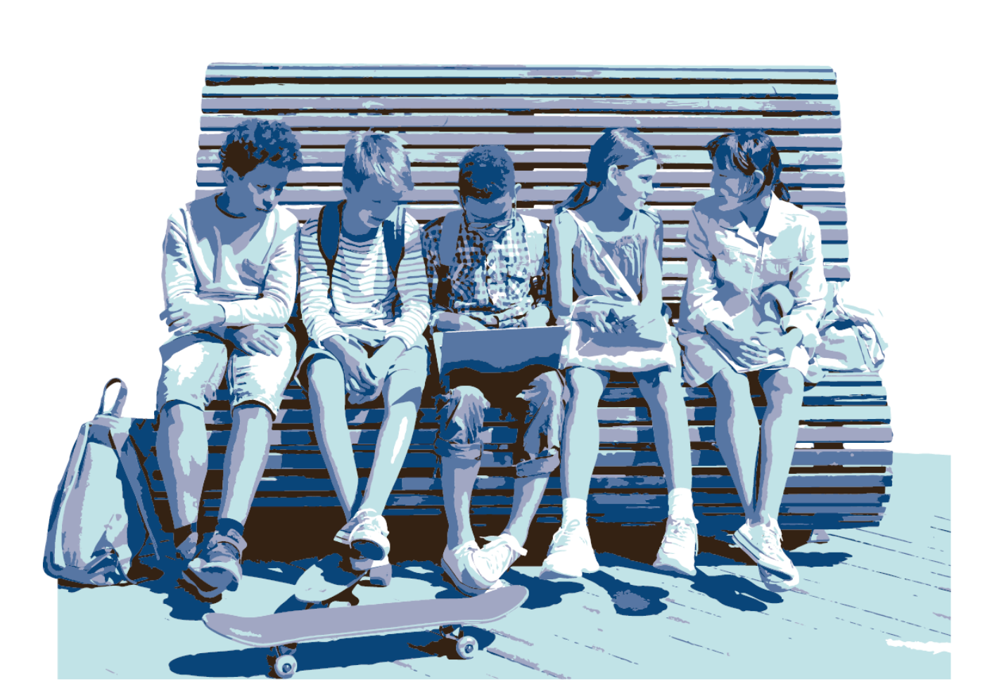 Groepje leerlingen zittend op een bankje, de jongen in het midden heeft een laptop op zijn schoot.