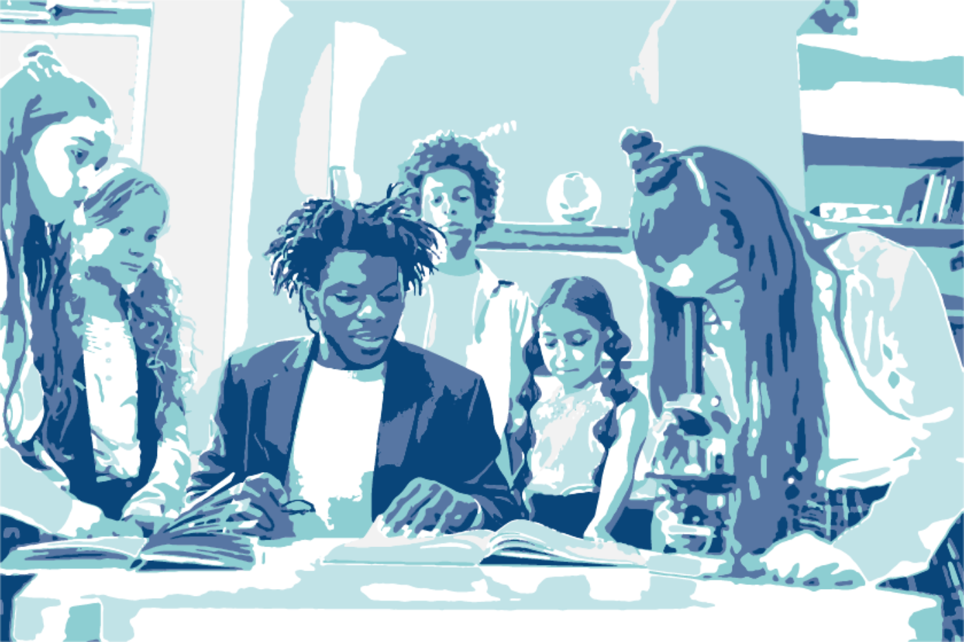 Leerlingen verzameld rond de docent in het klaslokaal.